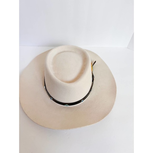 DOUBLE EE BRAND Women's Cream Wool Flat Brim Hat w/ Faux Leather Band size M - Picture 2 of 9